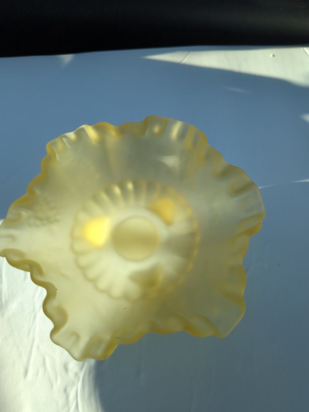 Westmoreland Glass Yellow Satin 3 Footed Bowl with Ruffled Edge
